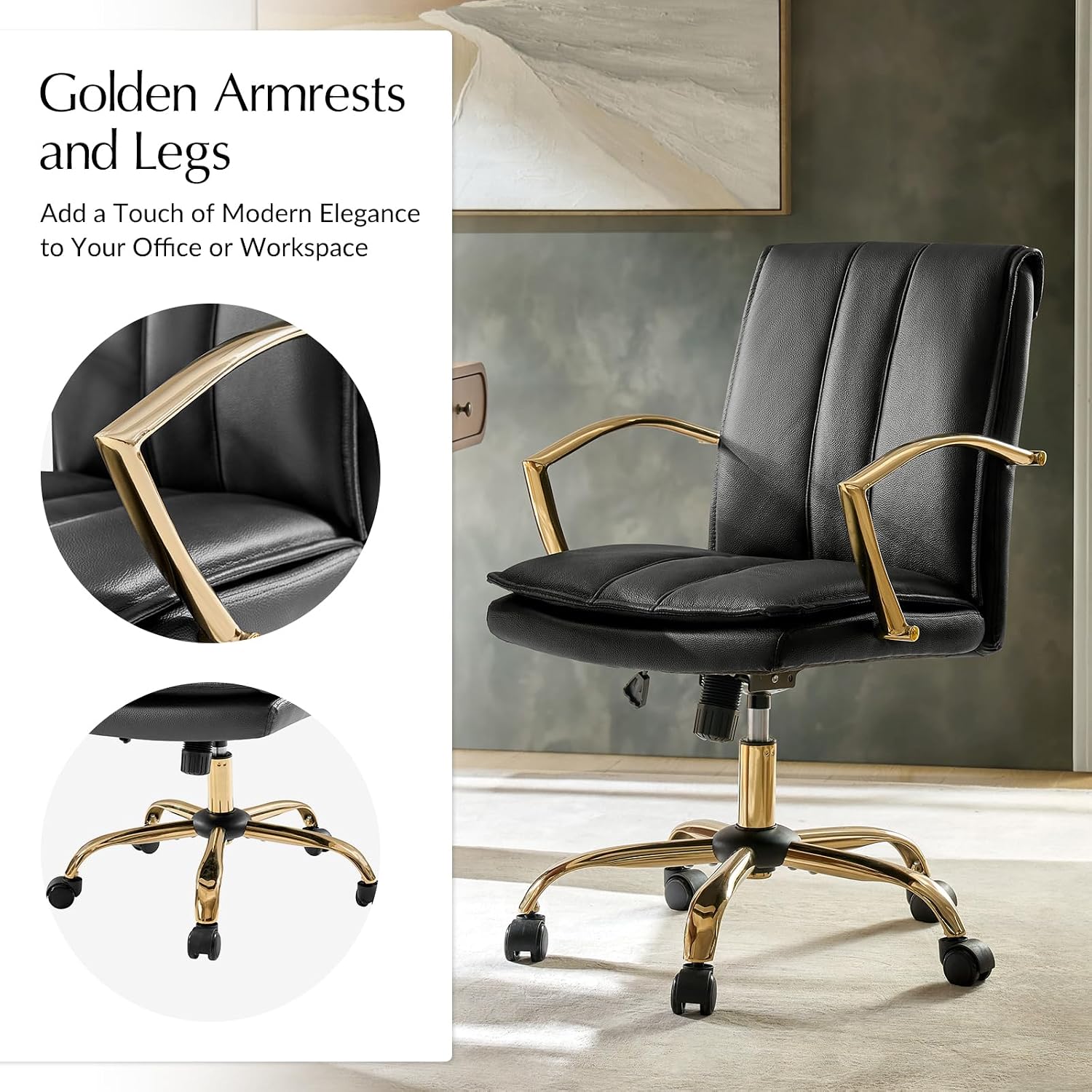 HULALA HOME Genuine Leather Home Office Desk Chair, Adjustable Swivel Computer Chair with Golden Legs and Arms, Comfy Upholstered Task Chair, Black