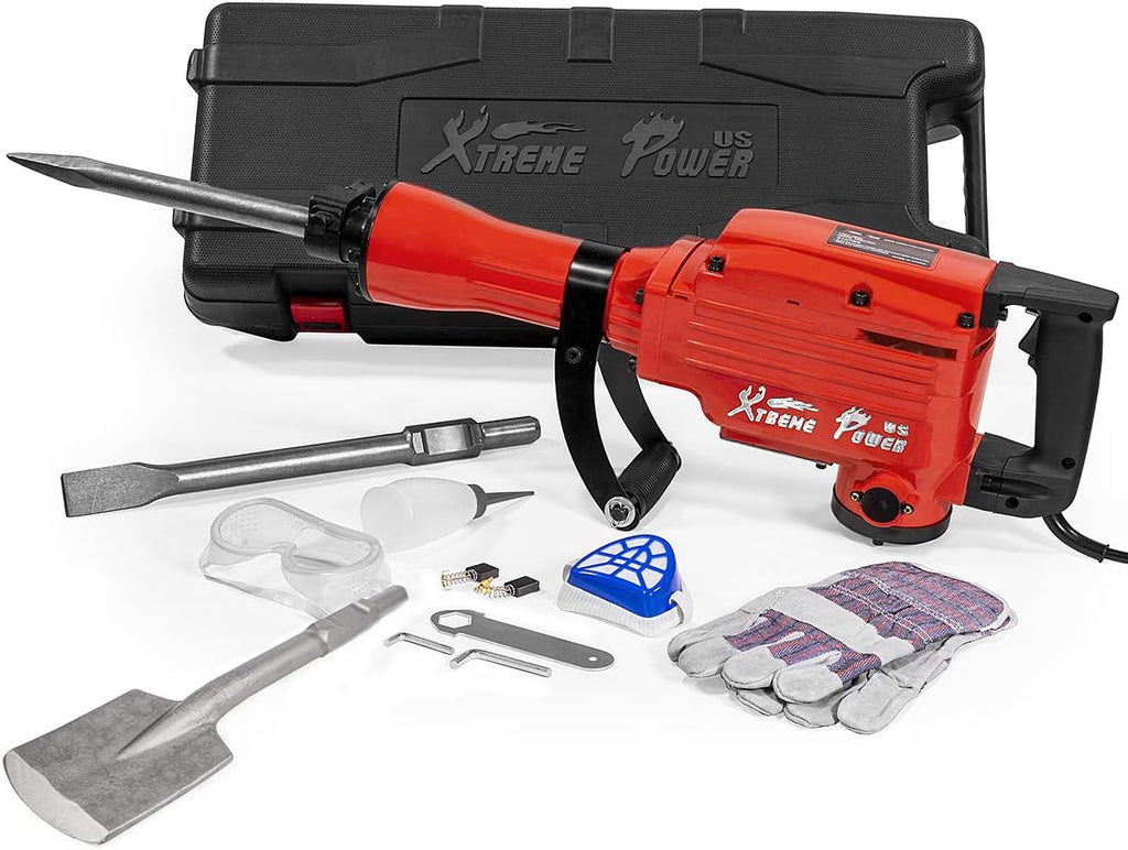 XtremepowerUS 2200W Demolition Electric Jack Hammer DIY Demo Jack Hammer Construction Concrete Floor Scrap Breaker Drill 3pcs Chisel Bit Point, Bull, Shovel With Carrying Case