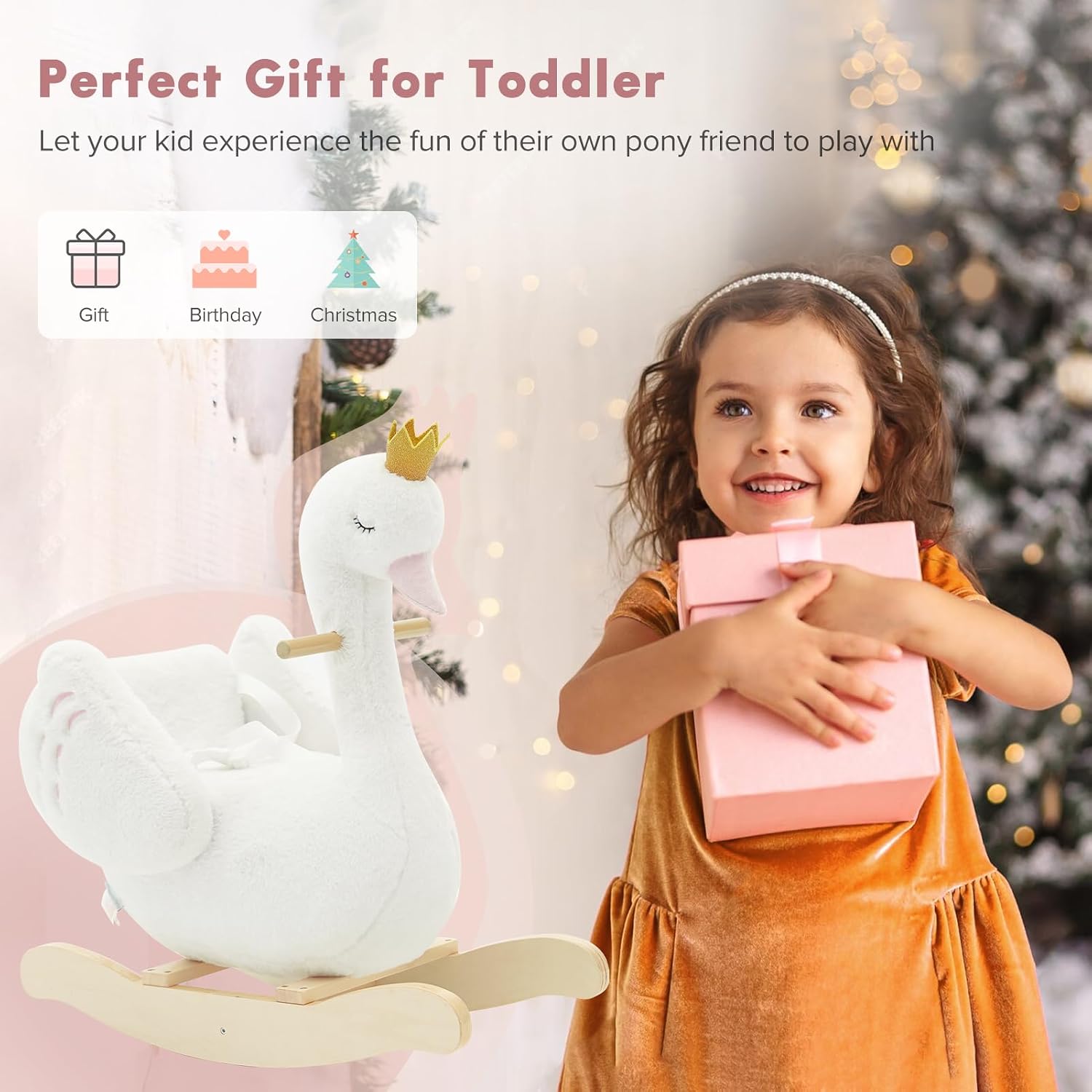 labebe Kids Rocking Horse White Swan, Stuffed Animal Wooden Rocker for Children 6 Months Boys and Girls/Nursery Christmas, Birthday Gift (Rocking Swan)