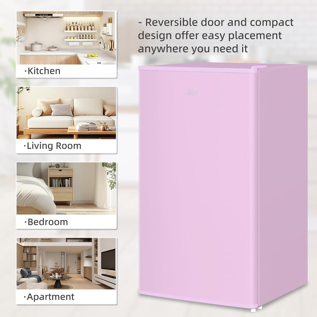 HOMCOM 3.2 Cu.Ft Mini Fridge with Freezer, Compact Refrigerator with Adjustable Thermostat, Shelf and Single Reversible Door for Bedroom, Dorm, Home Office, Energy Efficient, Pink