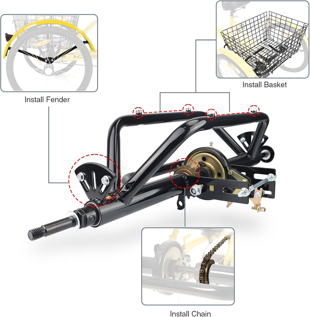WEEROCK 20' 24' 26' Tricycle Rear Axle Tricycle Conversion Kit Single Speed/ 7 Speeds for 20 24 26 Inch Adult Tricycle, Trike, 3 Wheel Bikes，Black