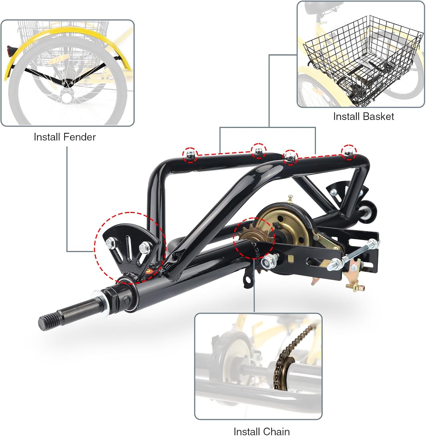 WEEROCK 20' 24' 26' Tricycle Rear Axle Tricycle Conversion Kit Single Speed/ 7 Speeds for 20 24 26 Inch Adult Tricycle, Trike, 3 Wheel Bikes，Black