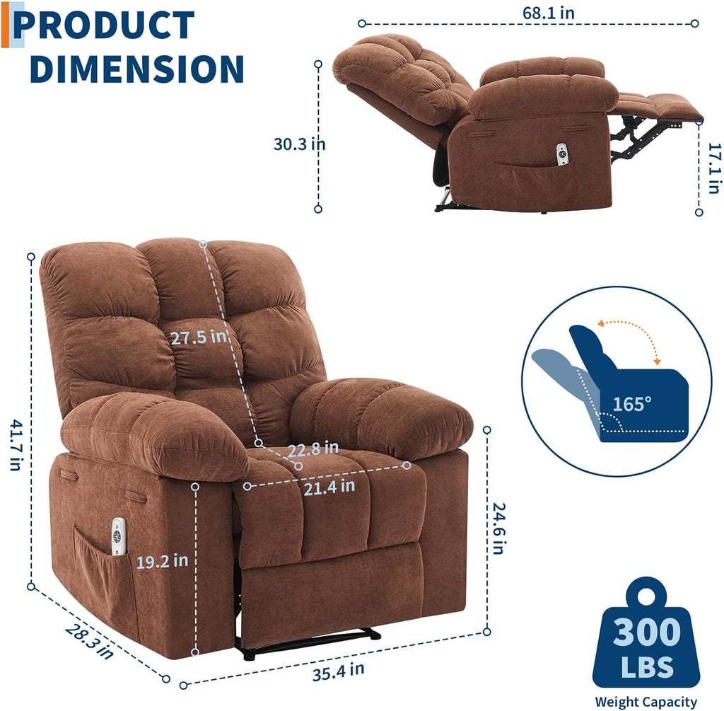 Recliner Rocking Chair with Massage & Heat, Wide Overstuffed Fabric Recliner with Breathable Upholstery, Ergonomic Design, 2 Side Pockets & Remote Control for Living Room or Bedroom (Brown)