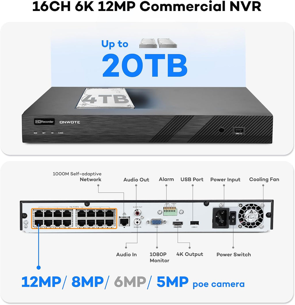 ONWOTE Face Recognition & AcuSearch, 16 Channel 6K 12MP NVR PoE Security Camera System, 16x 6MP 122° Outdoor Audio IP Cameras, AI Detect, 16CH Business NVR 4TB, Total 1280ft Cables, Commercial CCTV