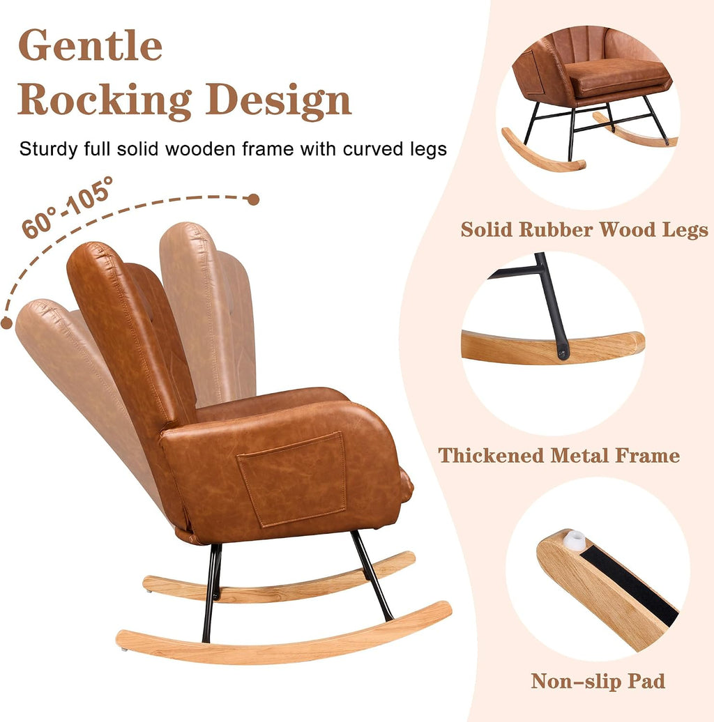 VECELO Rocking Chair Nursery with Thick Headrest, Modern Teddy Upholstered Reading Glider Rocker Accent Armchair with High Backrest, Padded Seat, Side Pocket, for LivingRoom, Bedroom, Baby Room, Brown