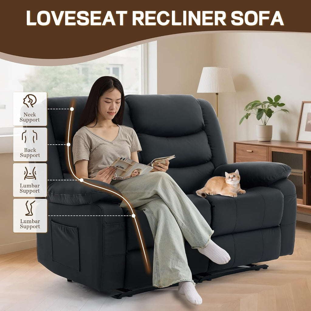 Korser Loveseat Recliner Sofa for RV Furniture and Theater Seating, Wall Hugger Loveseat Recliner, Oversized Loveseats Couch with Front Porckets&Side Pockets, Fabric, Black