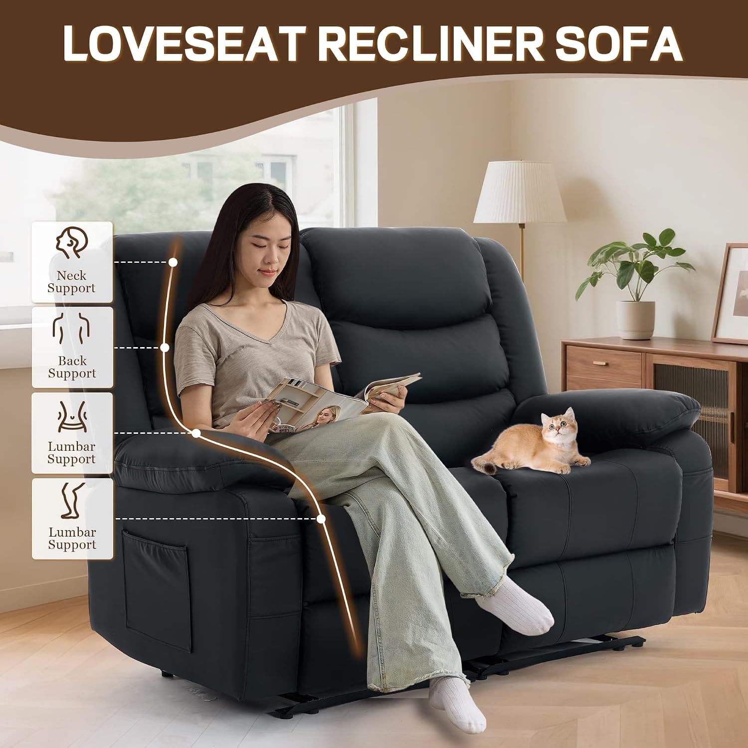 Korser Loveseat Recliner Sofa for RV Furniture and Theater Seating, Wall Hugger Loveseat Recliner, Oversized Loveseats Couch with Front Porckets&Side Pockets, Fabric, Black
