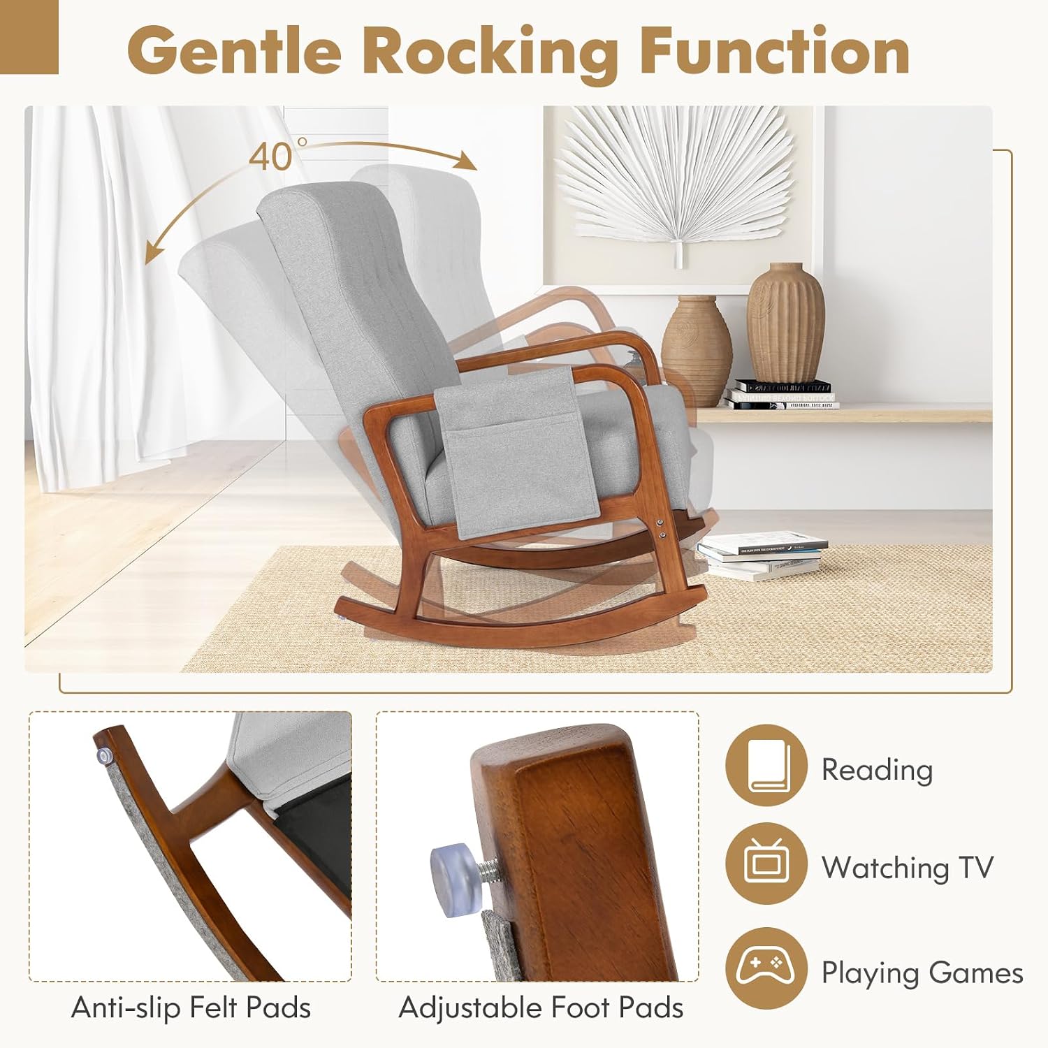 Giantex Rocking Chair with Ottoman, Upholstered Rocker Chair w/Solid Rubber Wood Frame, Side Pocket, Linen Nursery Chair w/Footrest, Tufted Glider Chair for Living Room, Bedroom, Grey
