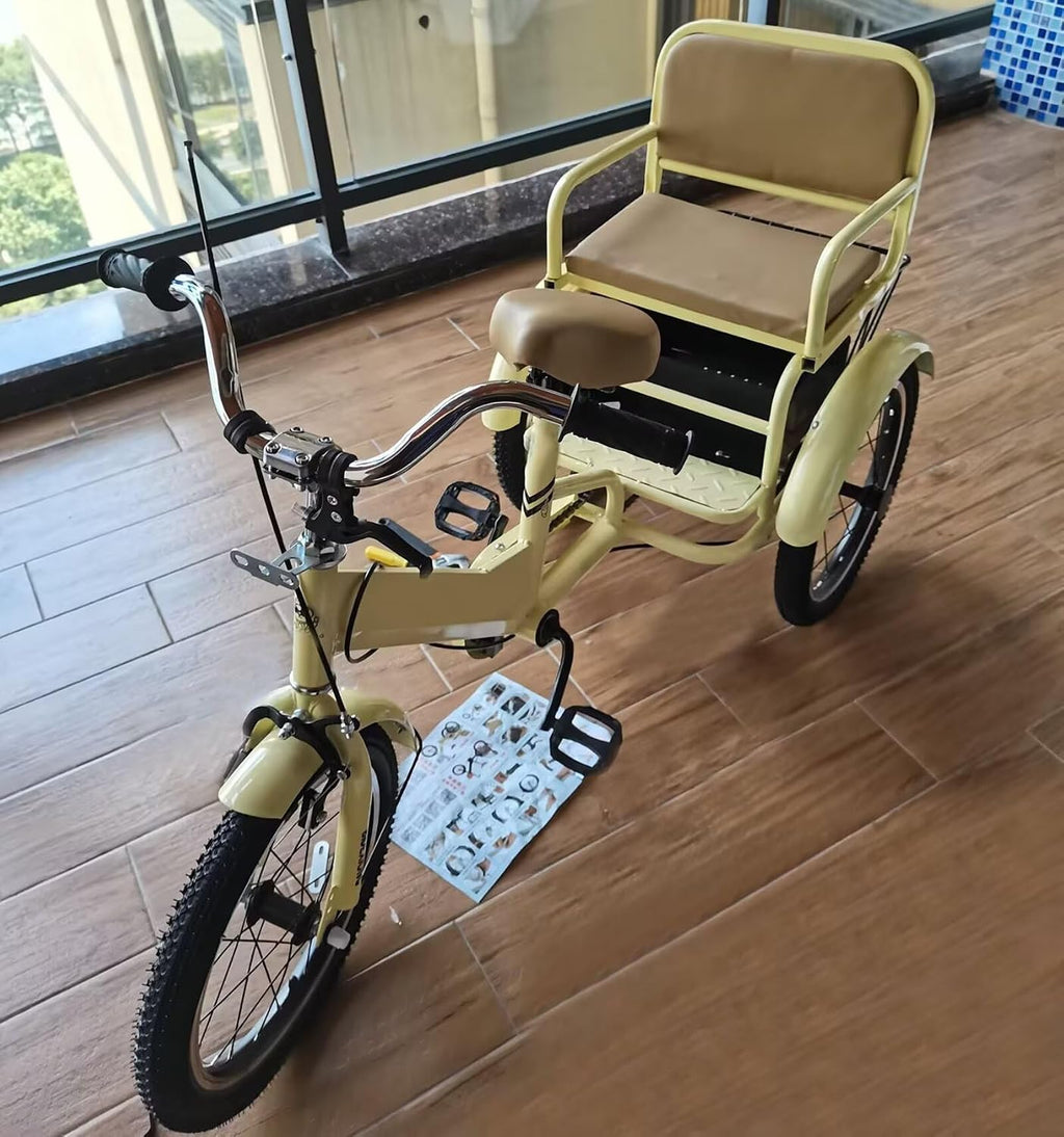 3 Wheels Bicycle,Rickshaw Tricycle with Pedals,Tandem Trike with Back seat,seat with Belt and armrest,Front and Rear Wheel Brakes,Outdoor Cruiser Bike,Pneumatic tire Spoke Wheels