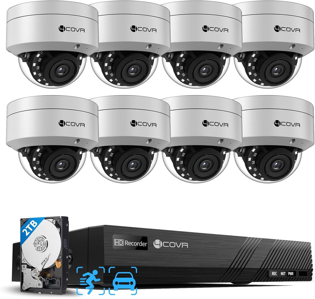4COVR PoE Security Camera System, 8X 5MP IK10 Vandal-Proof IP67 Dome IP Camera with Audio, 8CH 4K NVR 2TB HDD, AI Human Vehicle Detection & Night Vision, 24/7 Home Recording, LY54AX5M0808