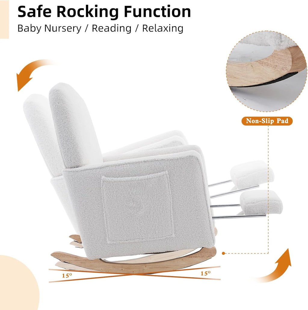 Rocking Chair Nursery with Foot Rest, Teddy Nursing Rocking Chair with High Backrest, Glider Rocker Chair for Living Room, Bedroom, Nursery(Teddy Ivory)