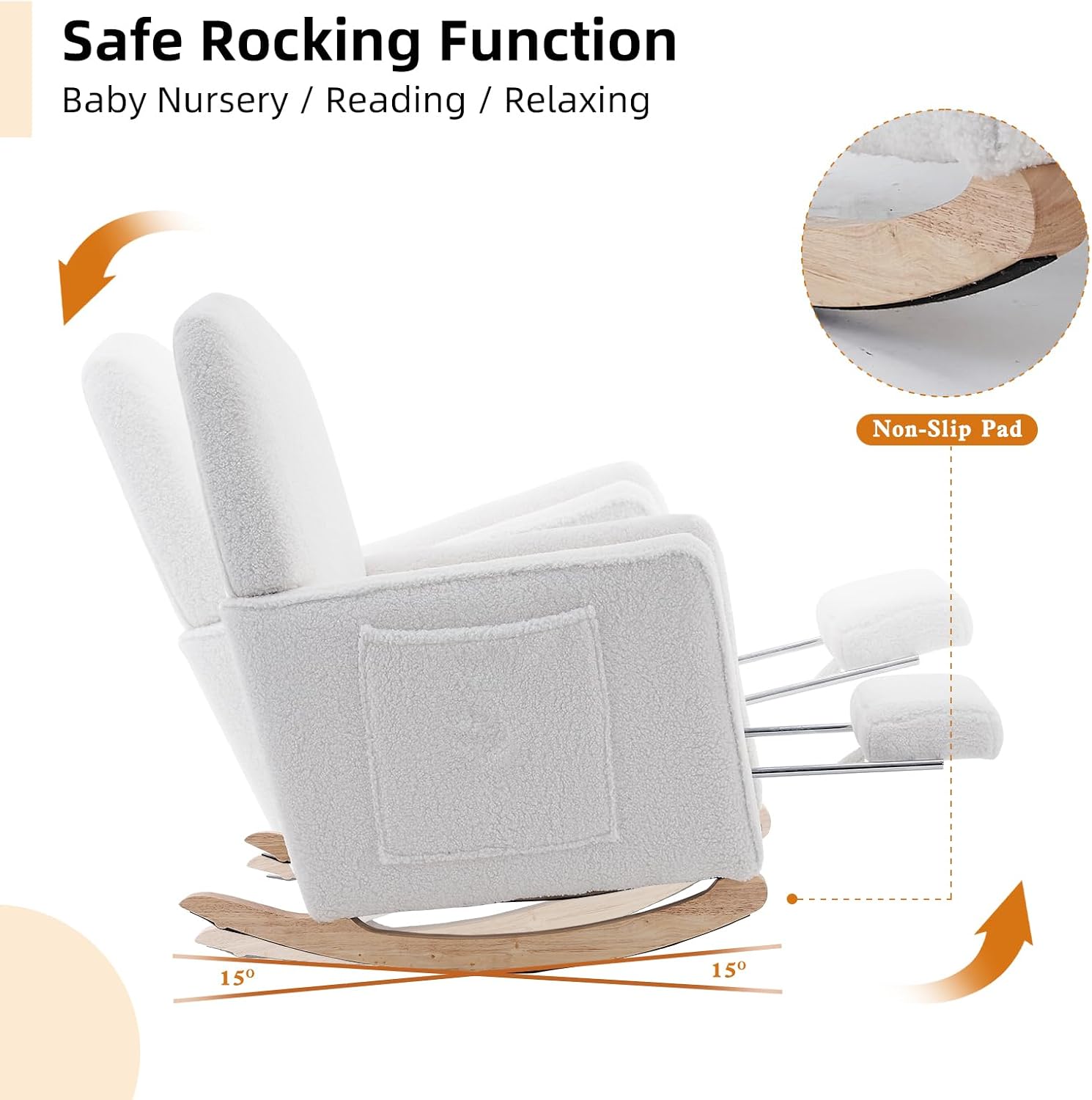 Rocking Chair Nursery with Foot Rest, Teddy Nursing Rocking Chair with High Backrest, Glider Rocker Chair for Living Room, Bedroom, Nursery(Teddy Ivory)