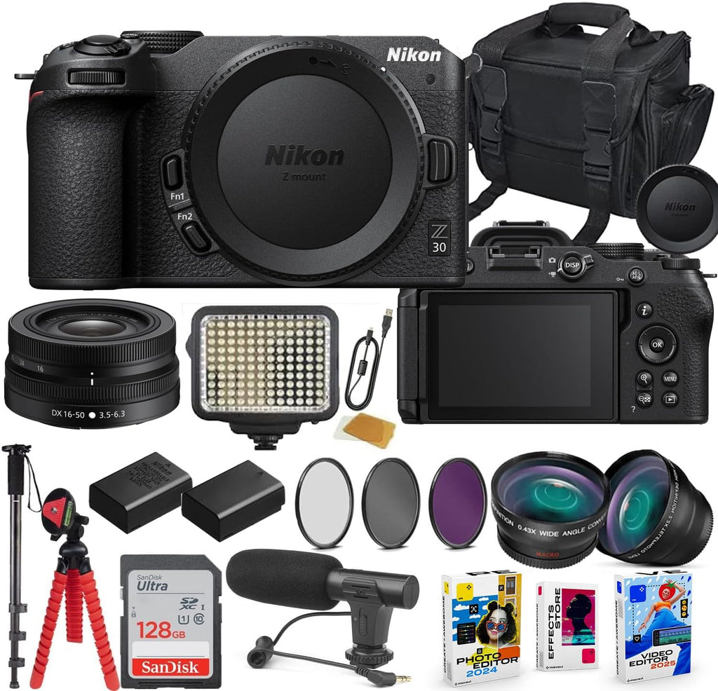 Nikon Z30 Mirrorless Camera with 16-50mm Lens Bundle with Extra Battery, LED Light, Microphone, 128GB High Speed Memory Flash, Accessory Bundle (25 Items)