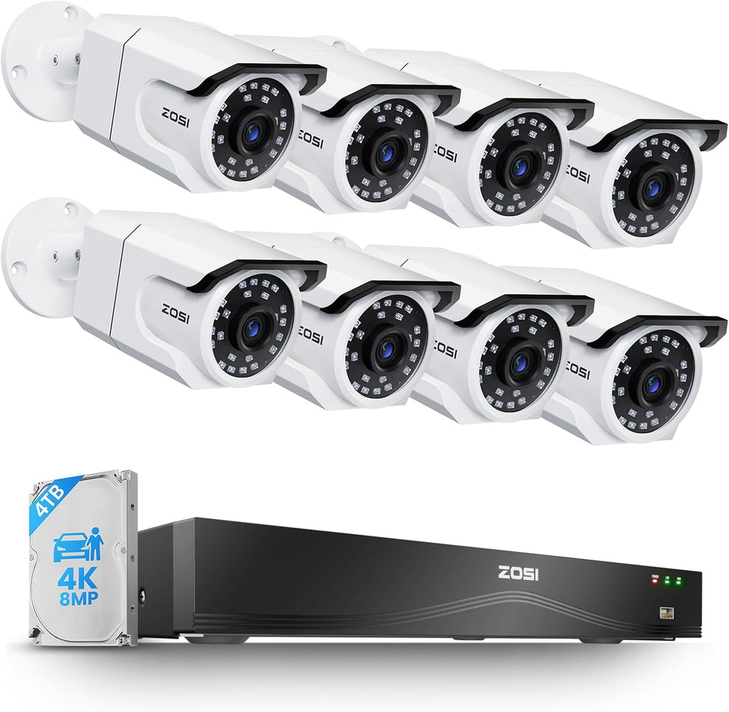 ZOSI 16CH 4K PoE Security Camera System, 8pcs 8MP Outdoors Cameras with Audio, People Counting, Person/Vehicle Detection, Night Vision, 16 Port 32CH NVR with 4TB HDD for Home Business 24/7 Recording