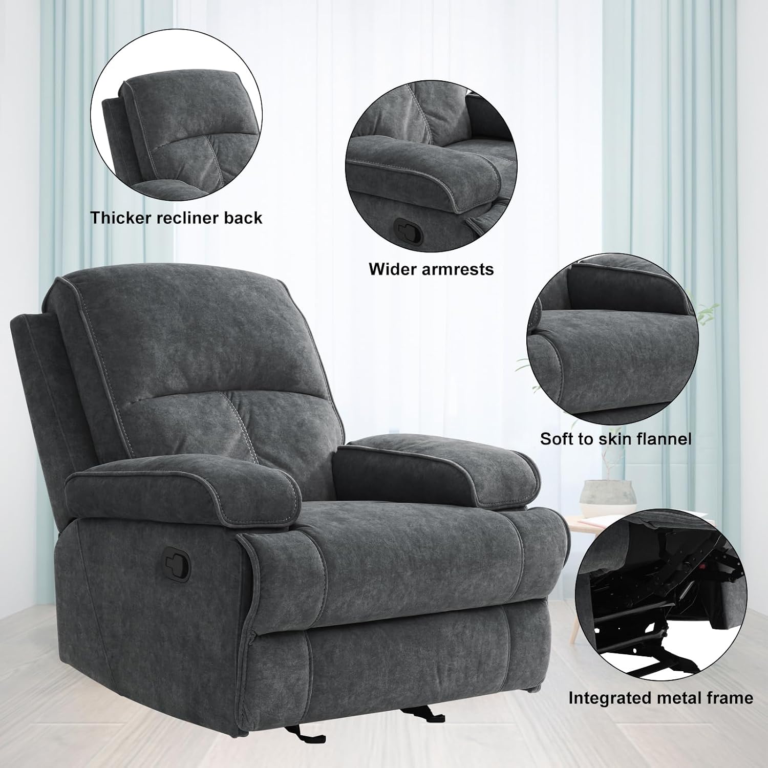 Manual Rocker Recliner Chair for Adults, High Back Glider with Deep Seat, Upholstered Fabric Armchair for Living Room & Nursery, Dark Grey