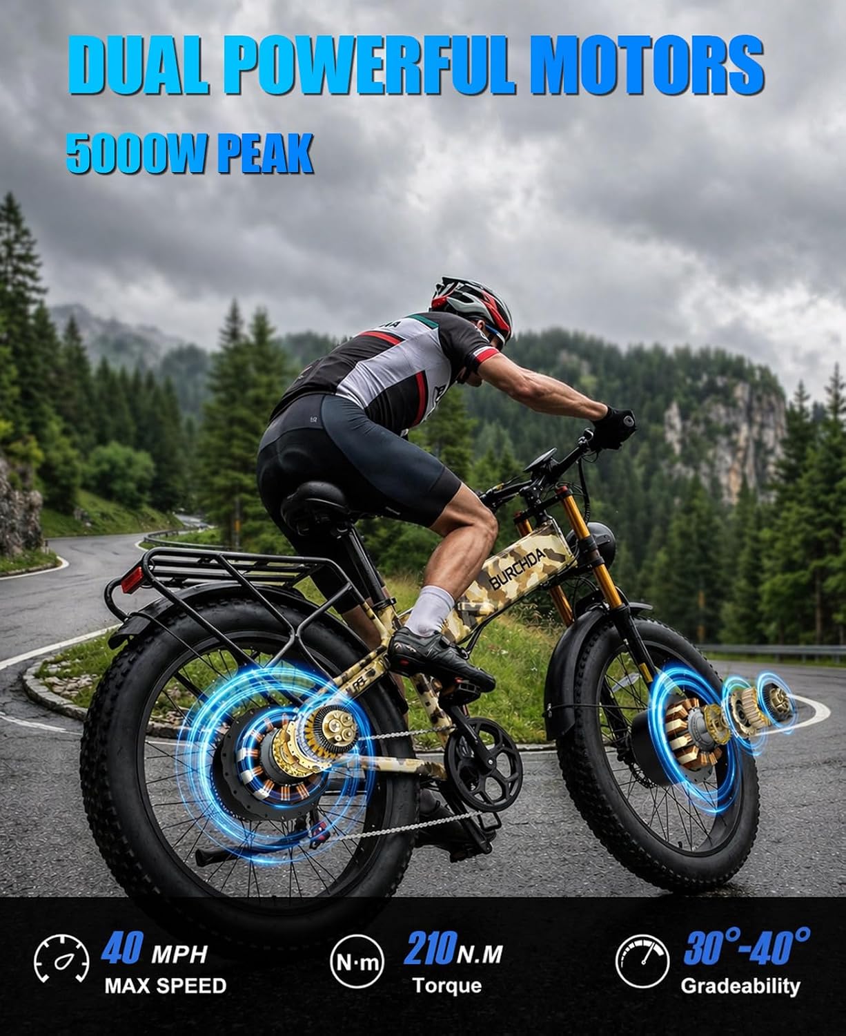 2026 Dual Motor Electric Bike for Adults AWD 5000W/3000W Peak 40 MPH/30 MPH E Dirt Bike, 52V/48V Removable Battery 65/80/150 Miles Max Long Range with Full Suspension 26' Fat Tires Mountain Bike