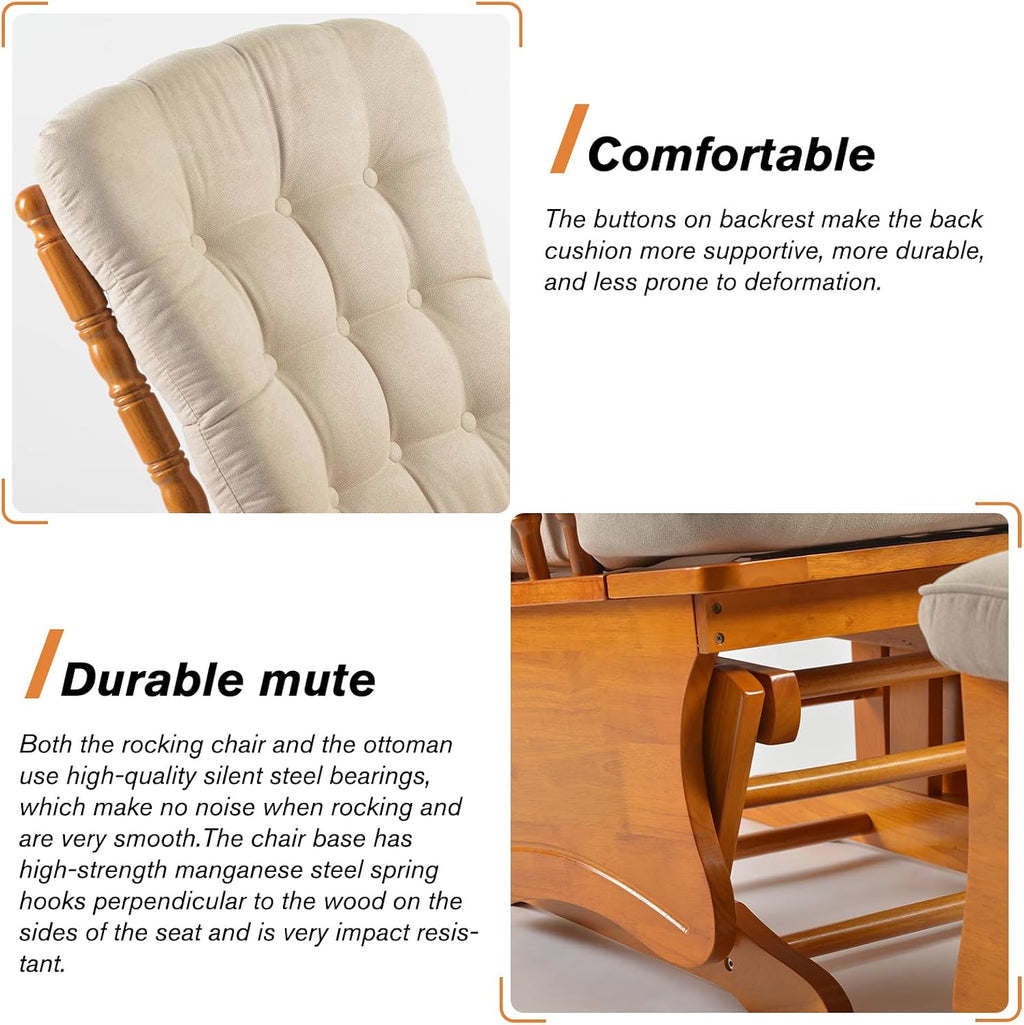 Anti-Pinch Solid Wood Hand Glider Rocking Chair Set with Ottoman, Padded Cushion, Rustic Rubber Wood Nursery Glider for Nursing, Relaxing, Living Room, Bedroom, Honey Colored