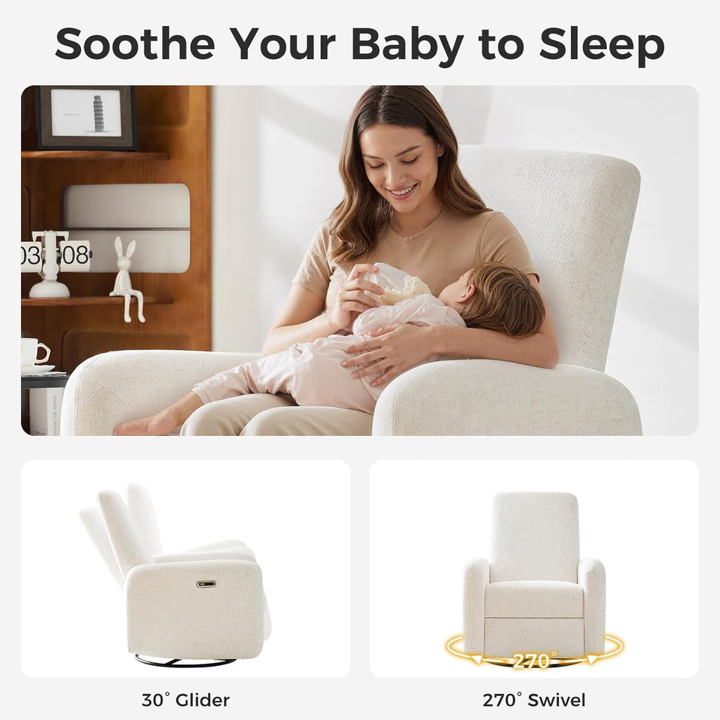 Nursery Rocking Chairs, 270° Oversized Power Swivel Glider Rocker Recliner w/USB & Type-C Charging Port, Rotating Rocking Reclining Nursing Chair for Breastfeeding, Living Room,Bedroom,White