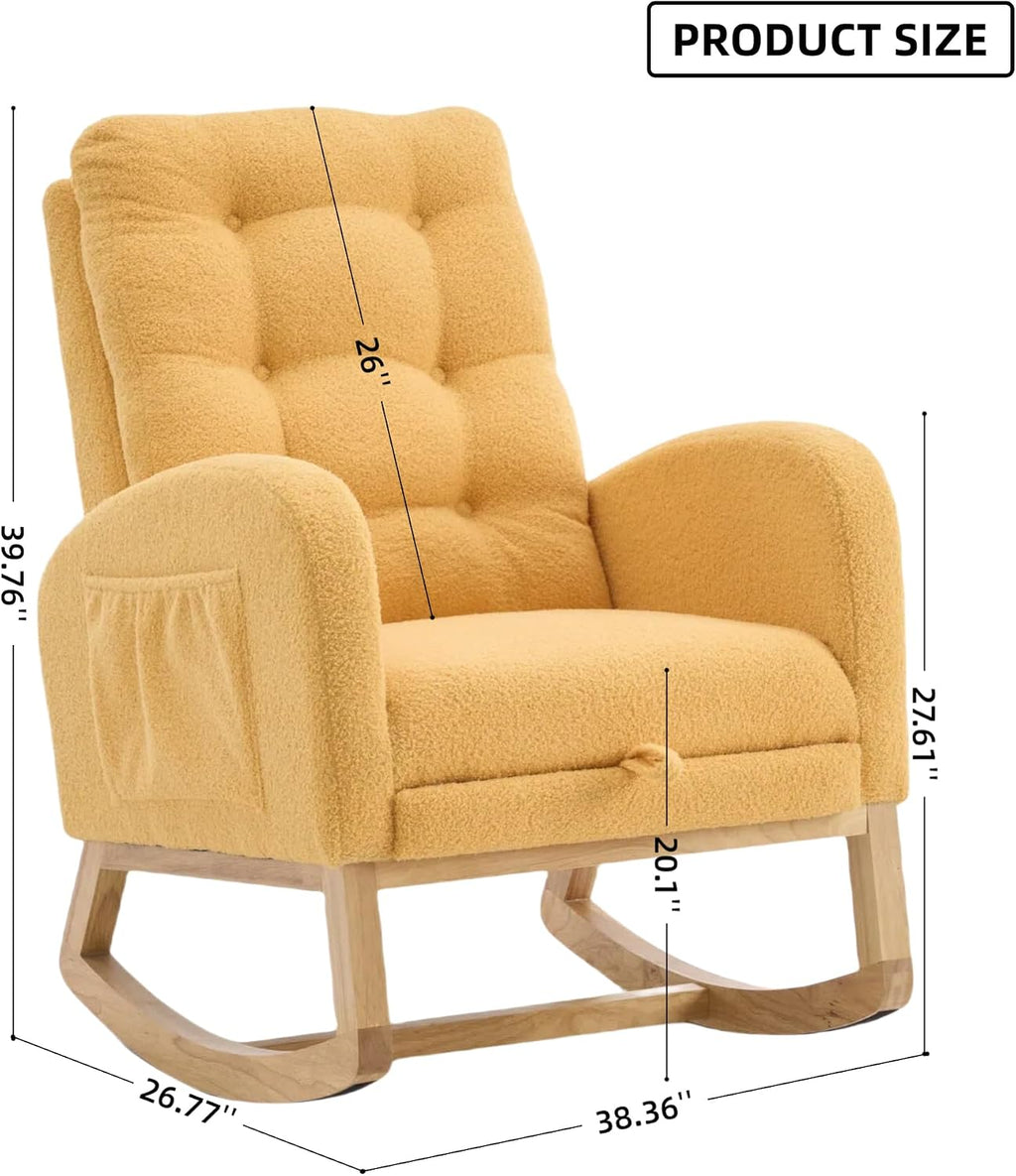 Nursery Rocking Chair Upholstered Accent Rocker Chair with Adjustable Footrest, Comfy Soft Rocker Glider Solid Rubber Wood Leg for Bedroom Living Room Nursing Room, Side Pocket, Yellow Classic
