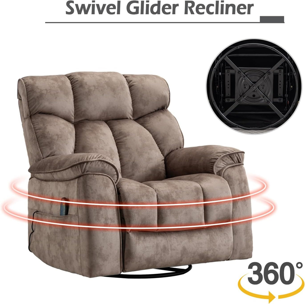 INZOY Oversized Rocker Recliner with Heat and Vibration, Manual Swivel Rocking Recliner Chair with Vibrating Massage, Comfy Padded Overstuffed Soft Fabric Heated Recliner,Camel