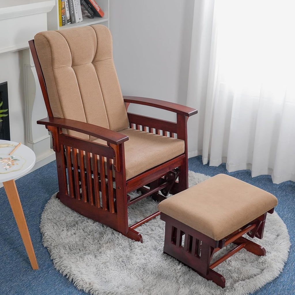 Glider with Ottoman Smooth Glider Rocking Chair, Nursery Glider with Ottoman Smooth Rocking Motion, Solid Hardwood Base, Easy Assembly for Living Room Bedroom (Brown)