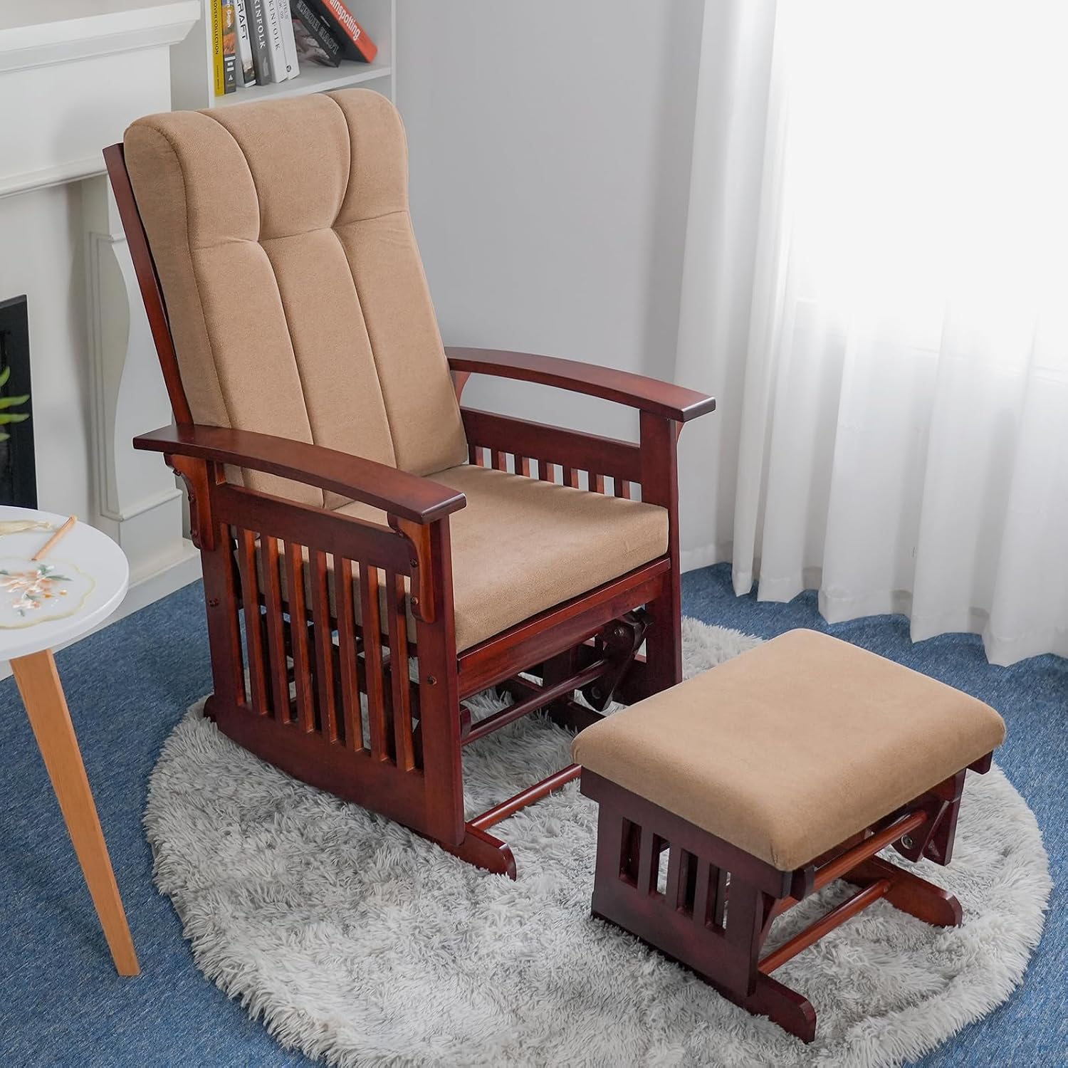 Glider with Ottoman Smooth Glider Rocking Chair, Nursery Glider with Ottoman Smooth Rocking Motion, Solid Hardwood Base, Easy Assembly for Living Room Bedroom (Brown)