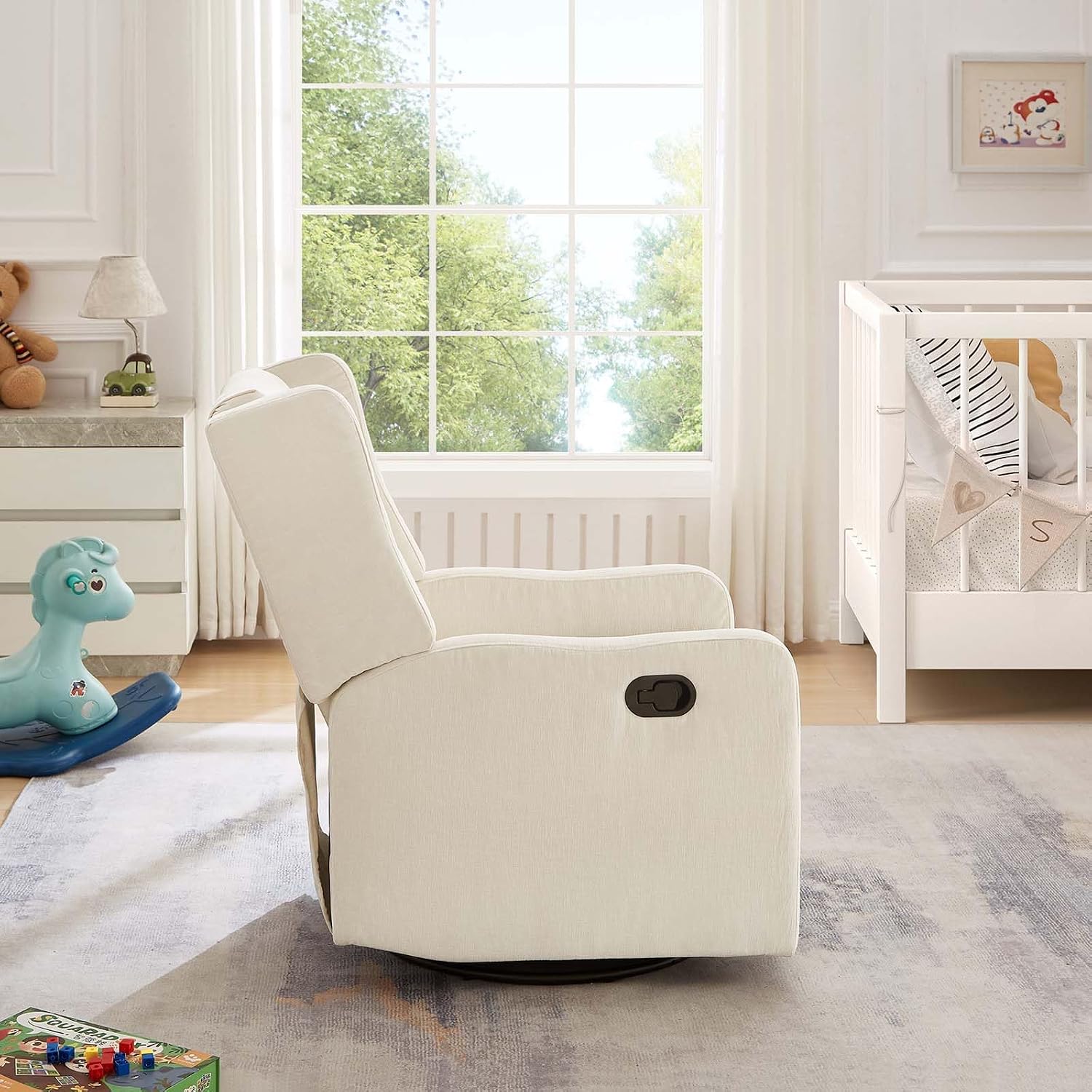 Nursery Glider Recliner Chair for Adults, Modern Swivel Rocker Recliners with Footrest, Comfy Chenille Rocking Chair Nursery for Living Room, Bedroom, Beige
