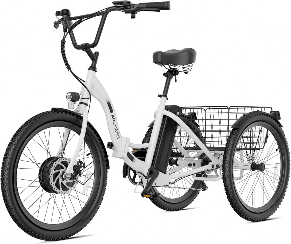 ANCHEER Electric Tricycle for Adults, 350W(Peak 550W) Etrike, 48V/499Wh Ebike, 24' Folding 3 Wheel Electric Trike, 15.5MPH & 55Miles Electric Bike, Rear Differential, Rear Basket