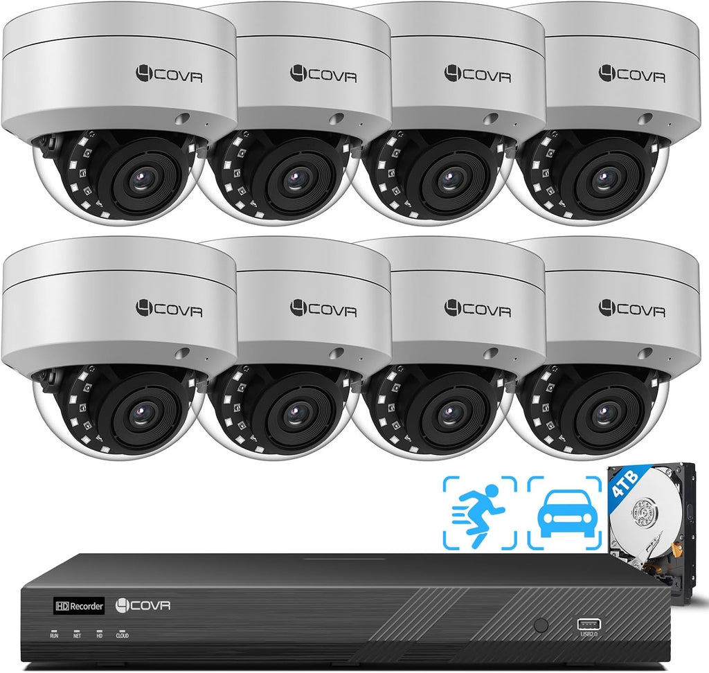 4COVR 12MP 16 Channel Security Camera System - Human Vehicle Detection, 16CH NVR with 4TB HDD, 8X 12MP IK10 Vandal-Proof Wired PoE IP Camera for Businesses, IP67 Outdoor, Remote Access, LY54AXAM1608