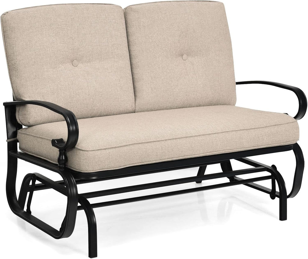 Giantex Outdoor Glider Bench, Patio Loveseat with Cushions, 440 Lbs Capacity, 2-Person Outdoor Rocking Chair, Porch Glider Swing for Garden, Backyard, Poolside, Patio Seating Rocker (Beige)