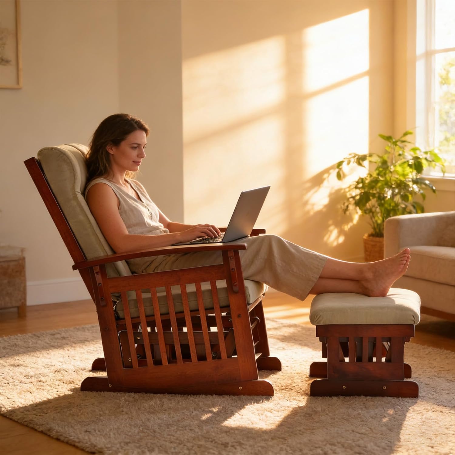 Solid Wood Glider Rocking Chair and Ottoman Set, Rustic Nursery Glider Rocker with Padded Cushion, Smooth Rocking Motion Indoor Living Room Nursing，Napping，Reading, Brown