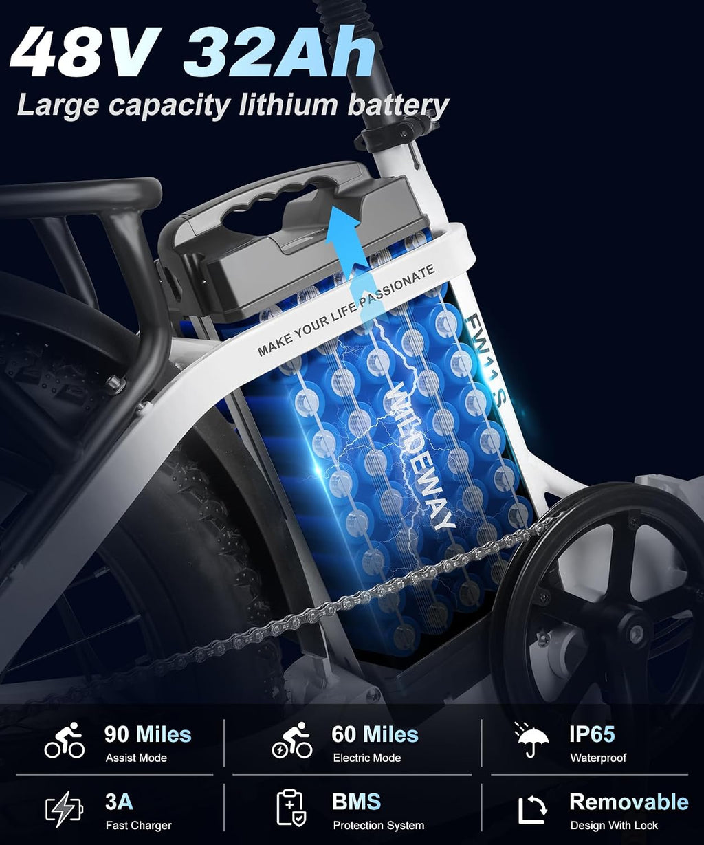 Wildeway Folding Electric Bike for Adults with 32Ah Battery Long Range 750W Motor 28MPH, 20'x 3.0'Fat Tire Foldable EBike, Urban City Commuter Men Women Bicycle 7 Speed Gear