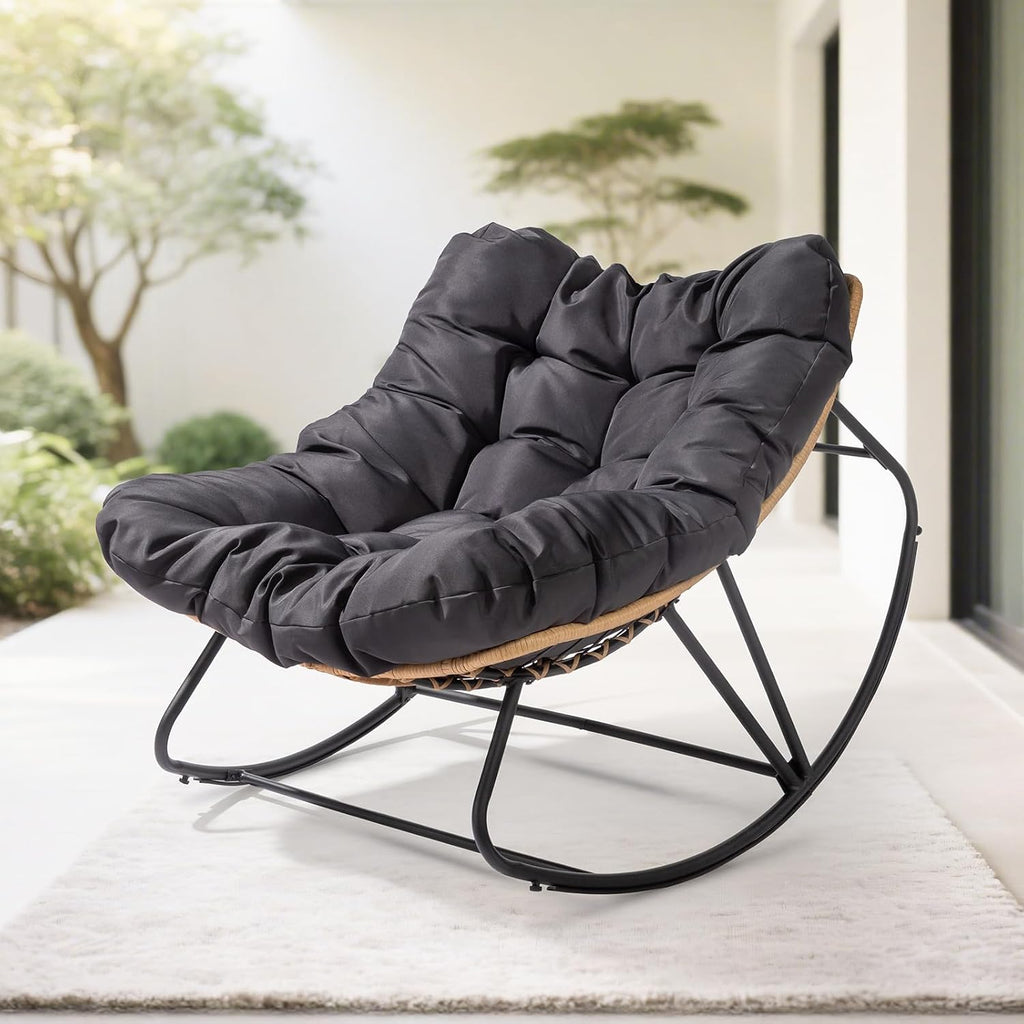 VINGLI Papasan Rocking Chair, Iron Frame Wicker Patio Chair with Thick Cushion, Indoor Outdoor Rocker for Bedroom, Porch, Garden, Grey