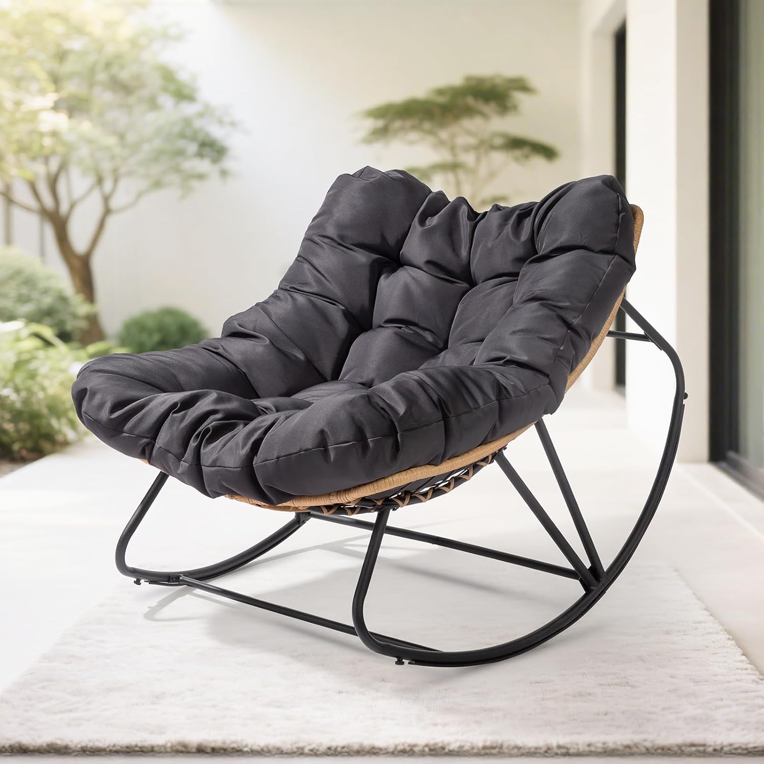 VINGLI Papasan Rocking Chair, Iron Frame Wicker Patio Chair with Thick Cushion, Indoor Outdoor Rocker for Bedroom, Porch, Garden, Grey