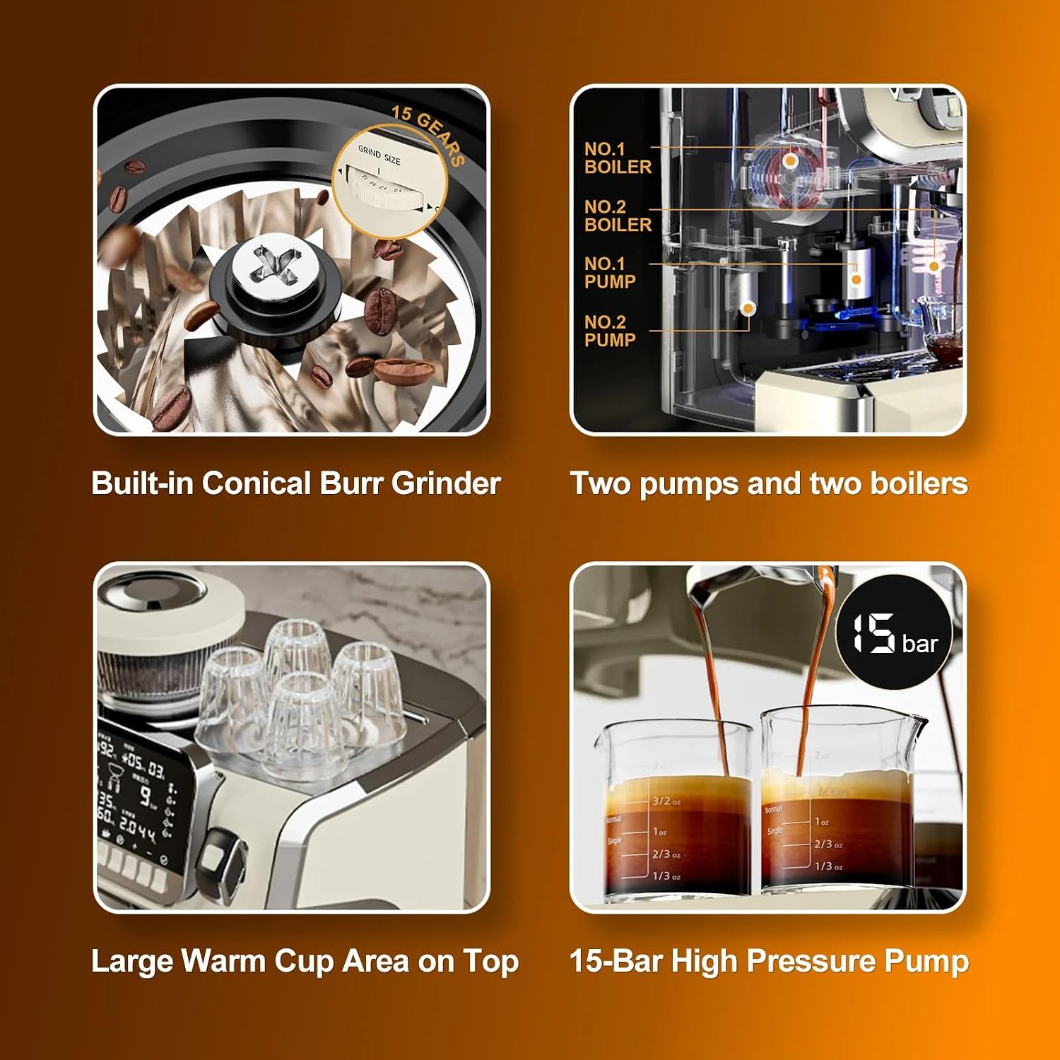 15 Bar Pump Professional Pressure Coffee Maker, Manual Espresso Machine, with Milk Frother/Steam Wand Compact Stainless Steel Coffee Maker