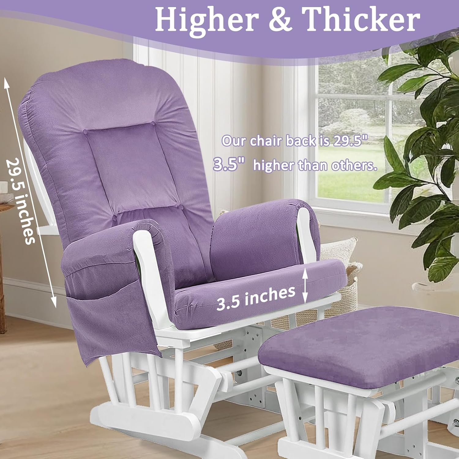 BECHAEO 5PCS Velvet Glider Rocker Replacement Cushions with Ottoman Cover Soft Thicken Rocking Chair Cushion Set for Indoor Nursery Glider Rocking Chair, Lavender