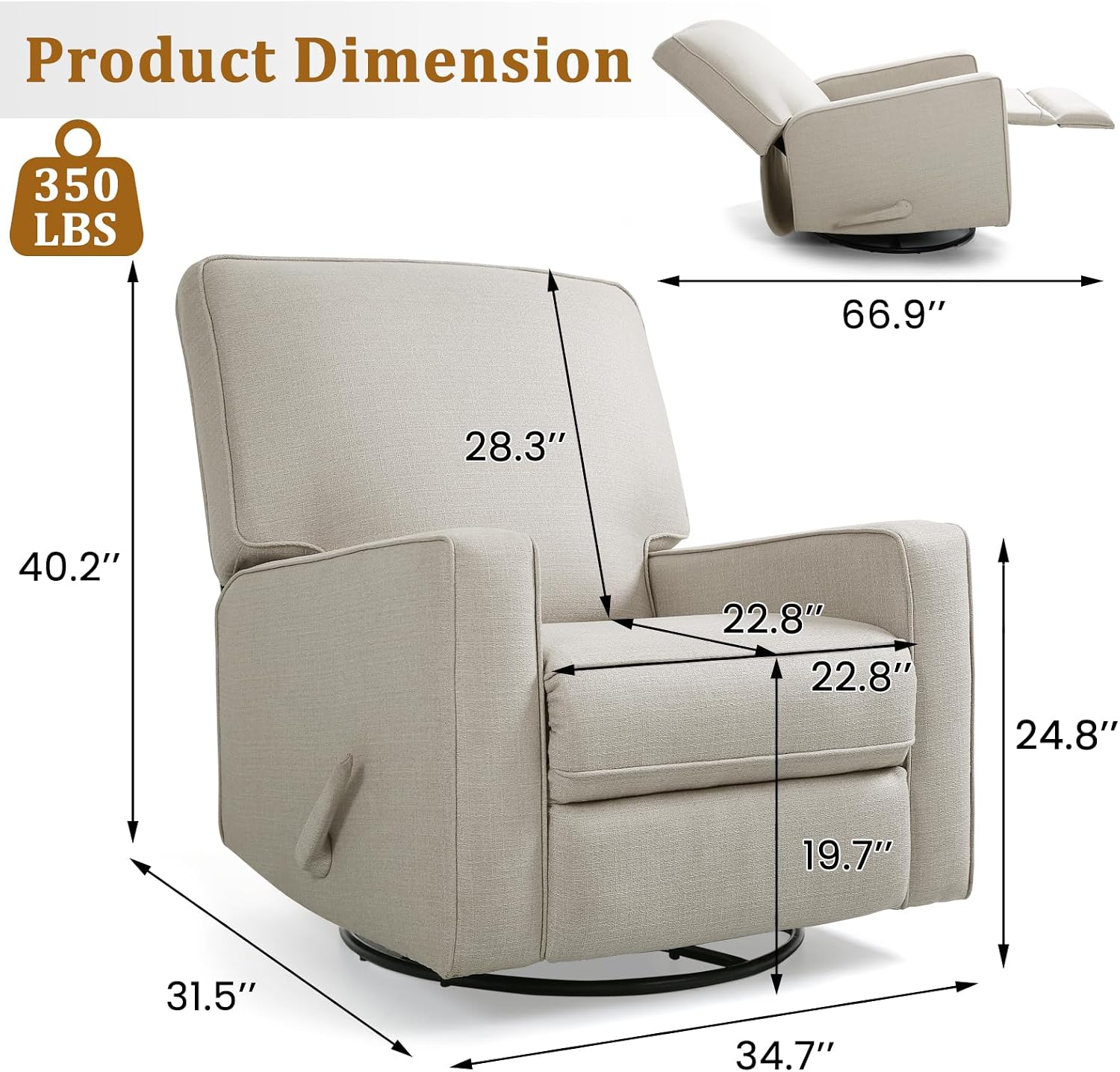 Swivel Rocker Recliner Chair for Adults, High Back Fabric Recliner with Deep Seat, Manual Glider for Living Room & Nursery, Beige