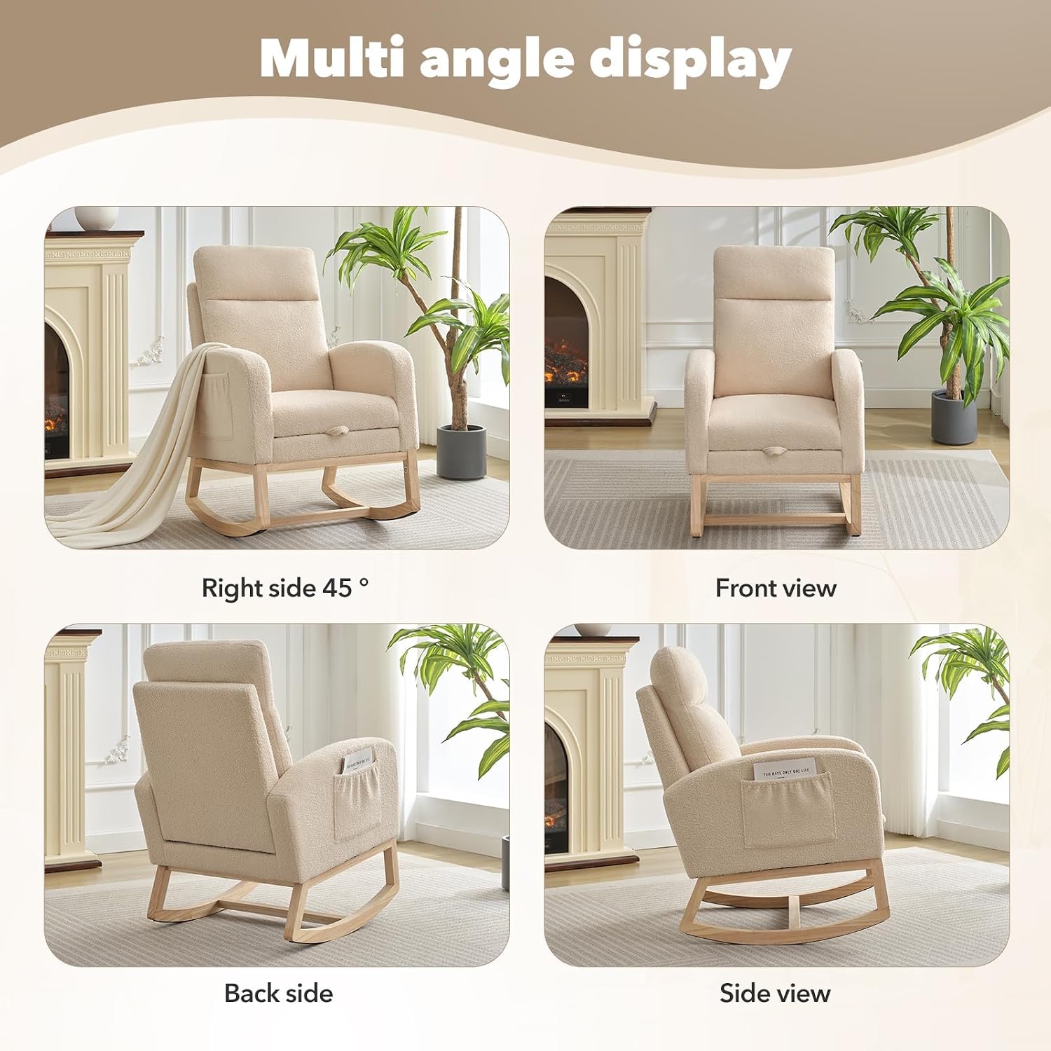 Teddy Fabric Nursery Rocking Chair with Adjustable Footrest, Two Side Pockets & Solid Wooden Legs - High Backrest Comfortable Lounge Armchair for Nursery, Living Room, Bedroom（Beige）