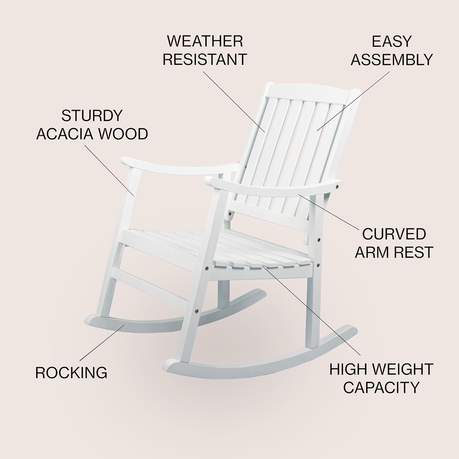 JONATHAN Y RCK102C Penny Classic Slat-Back 300-Lbs Support Acacia Wood Patio Outdoor Rocking Chair for Garden, Lawn, Backyard, Pool, Deck, Beach, Firepit, White