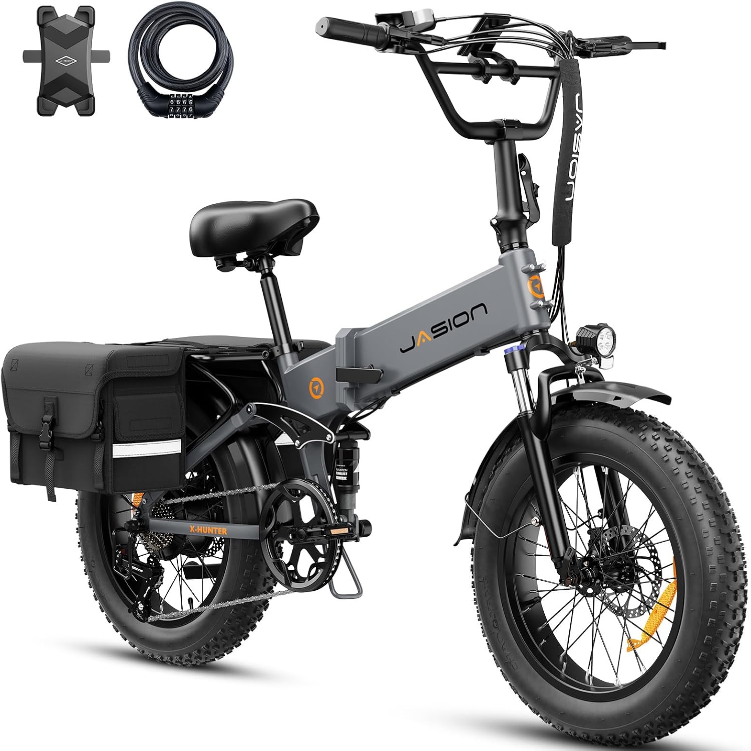Jasion X-Hunter Electric Bike for Adults,1400W Peak Motor 30MPH Max Speed,48V 13AH Removable Battery,20 * 4.0 Fat Tire Foldable Ebike,7-Speed Bicycles, with Saddle Bag and Phone Mount