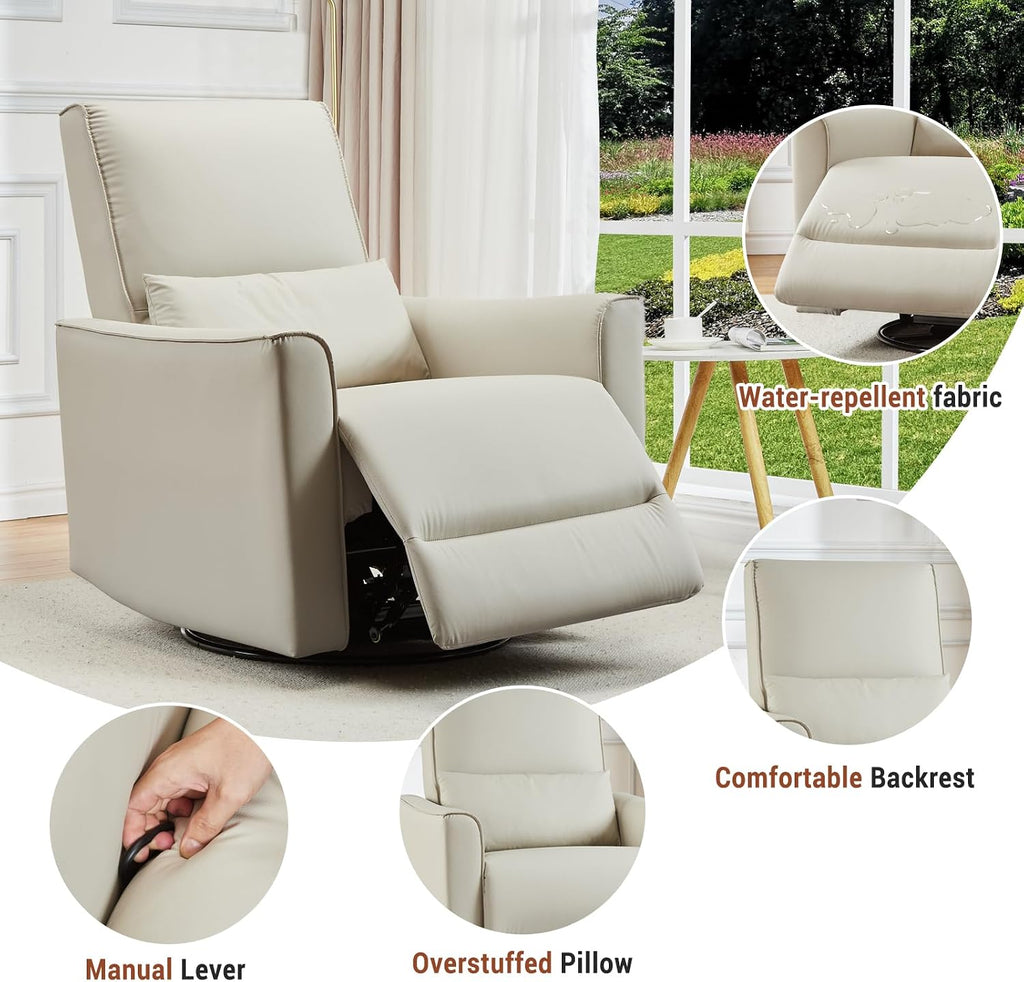 GAOMON Swivel Rocking Recliner Chair, Manual Leather Recliner Glider with Lumbar Support & Padded Armrest, Comfortable Rocker Nursery Single Sofa for Living Room and Bedroom (White)
