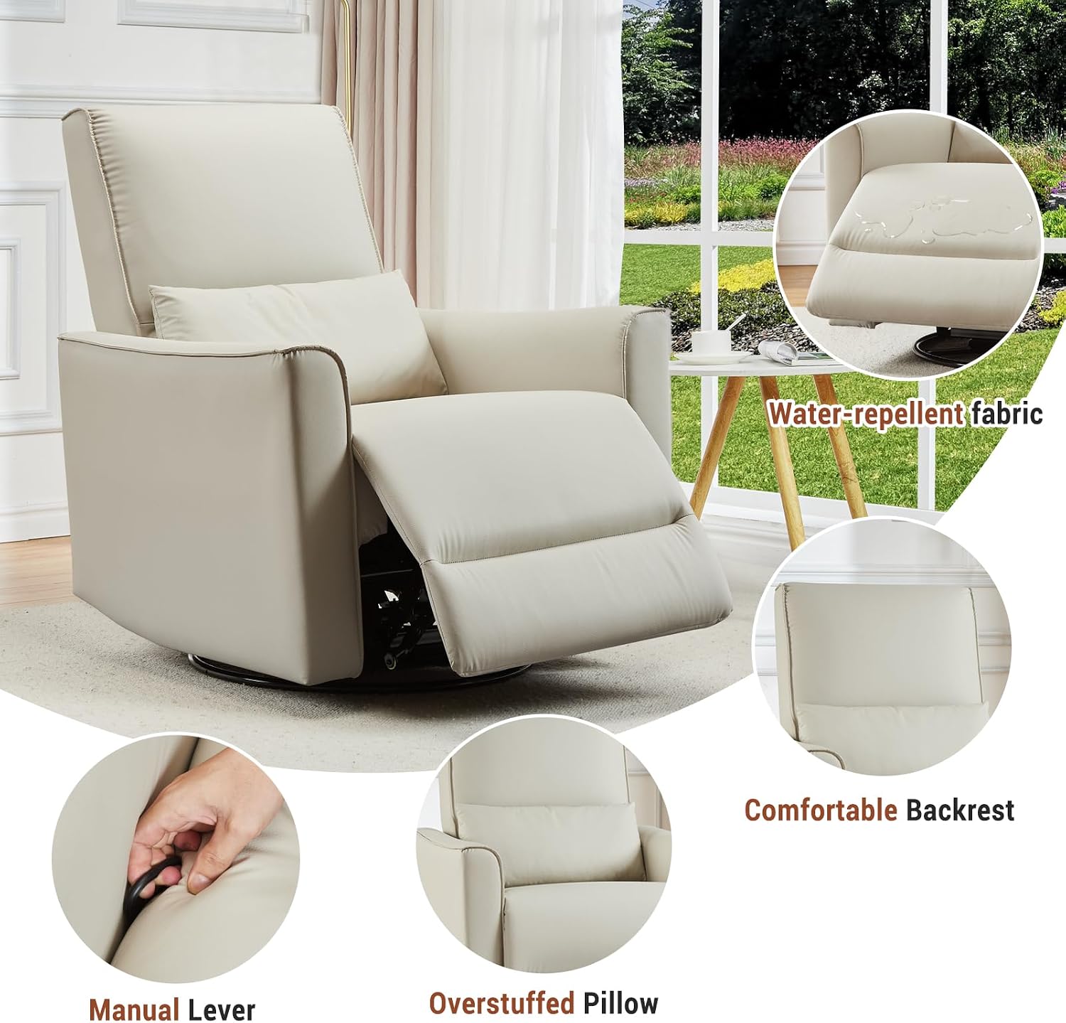 GAOMON Swivel Rocking Recliner Chair, Manual Leather Recliner Glider with Lumbar Support & Padded Armrest, Comfortable Rocker Nursery Single Sofa for Living Room and Bedroom (White)