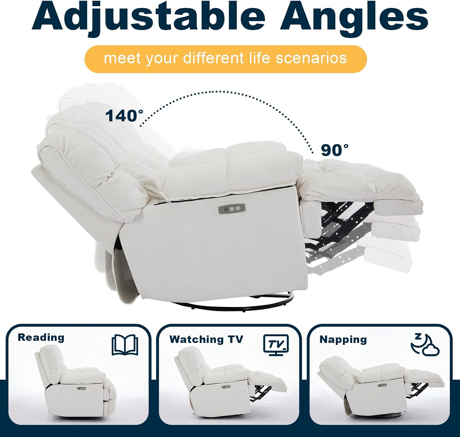 GINGO Power Oversized Recliner Chair, Extra Wide Swivel Rocking Recliner Chair, Breathable Soft Fabric Modern Single Sofa for Living Room, 90°-140° Electric Adjustable Angle, USB & Type-C Port, White