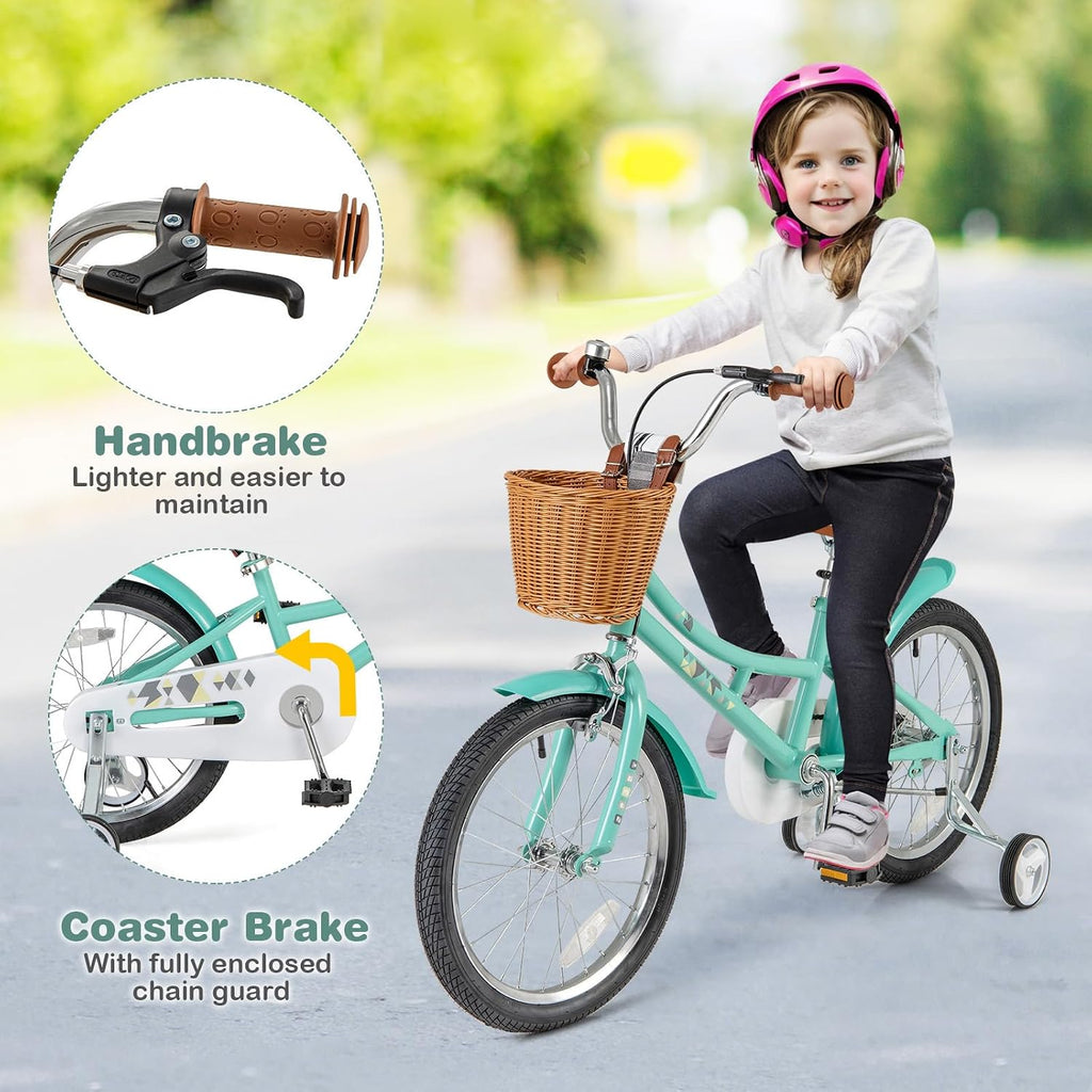 BABY JOY Retro Kids Bike, 12 14 16 18 Inch Child Bike for 3-8 Years Old w/Rattan Basket, Adjustable Height, Training Wheels, Fenders, Handbrake Coaster Brake, 95% Pre-Assembled Kids Bicycle for Girls