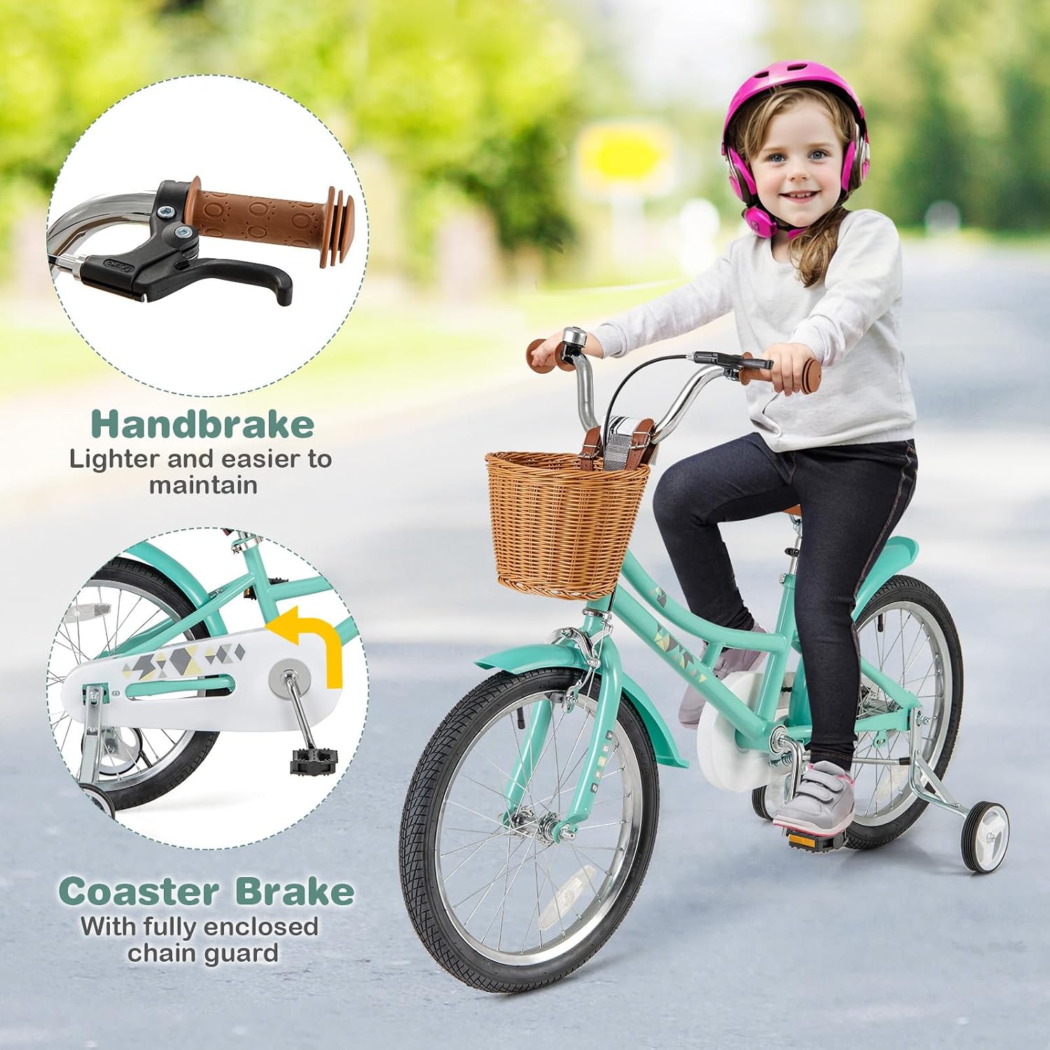 BABY JOY Retro Kids Bike, 12 14 16 18 Inch Child Bike for 3-8 Years Old w/Rattan Basket, Adjustable Height, Training Wheels, Fenders, Handbrake Coaster Brake, 95% Pre-Assembled Kids Bicycle for Girls