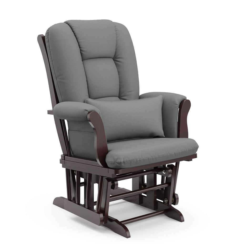 Storkcraft Tuscany Custom Glider and Ottoman with Free Lumbar Pillow (Espresso/Grey) - Cleanable Upholstered Comfort Rocking Nursery Chair with Ottoman