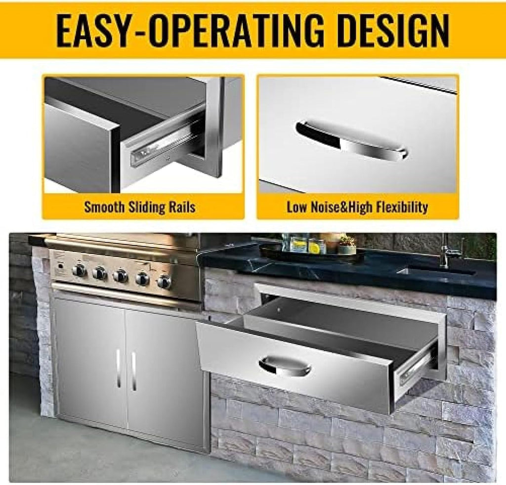 Stainless Steel Double Drawers for Outdoor Kitchen Grilling Station - BBQ Island, 30Wx23Dx6.5H