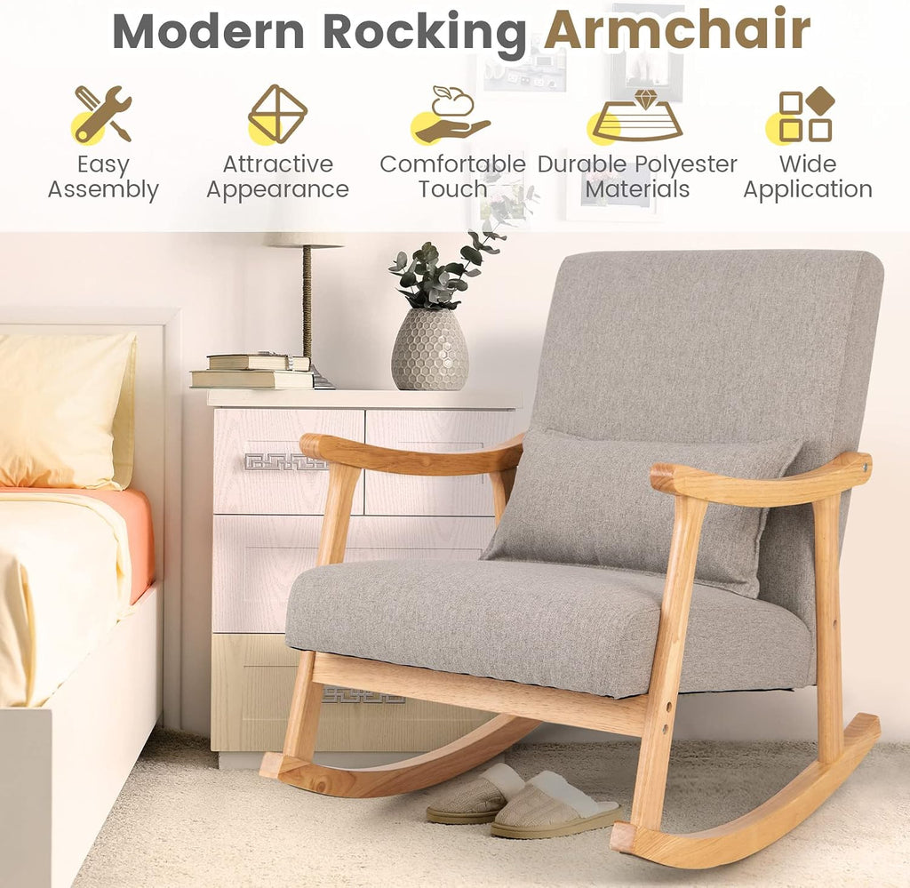Giantex Upholstered Rocking Chair - Modern Rocker with Rubber Wood Frame, Comfy Backrest & Seat, PP Padded Pillow, Single Rocking Chair for Living Room, Nursery, Bedroom, Lounge, Office, Grey