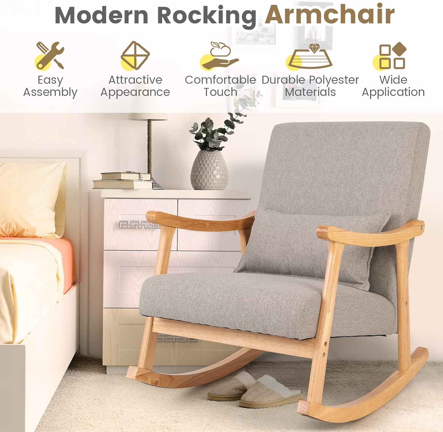 Giantex Upholstered Rocking Chair - Modern Rocker with Rubber Wood Frame, Comfy Backrest & Seat, PP Padded Pillow, Single Rocking Chair for Living Room, Nursery, Bedroom, Lounge, Office, Grey