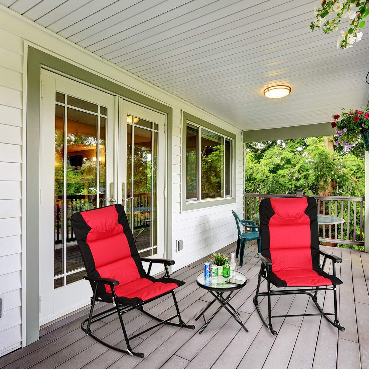 Tangkula 3-Piece Folding Bistro Set, Outdoor Rocking Chairs & Round Table, Patio Folding Furniture Set for Backyard, Garden, Poolside, Porch (Red)